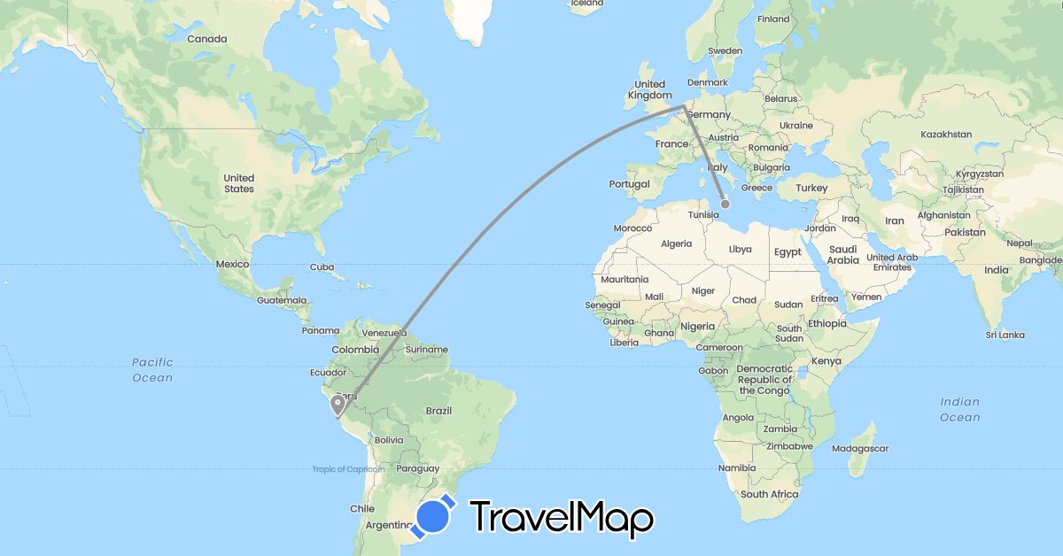TravelMap itinerary: driving, plane in Malta, Netherlands, Peru (Europe, South America)